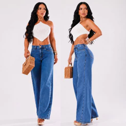 Calça Wide Leg Jeans Feminina Reta Cintura Alta 100% Algodão Boca larga Premium