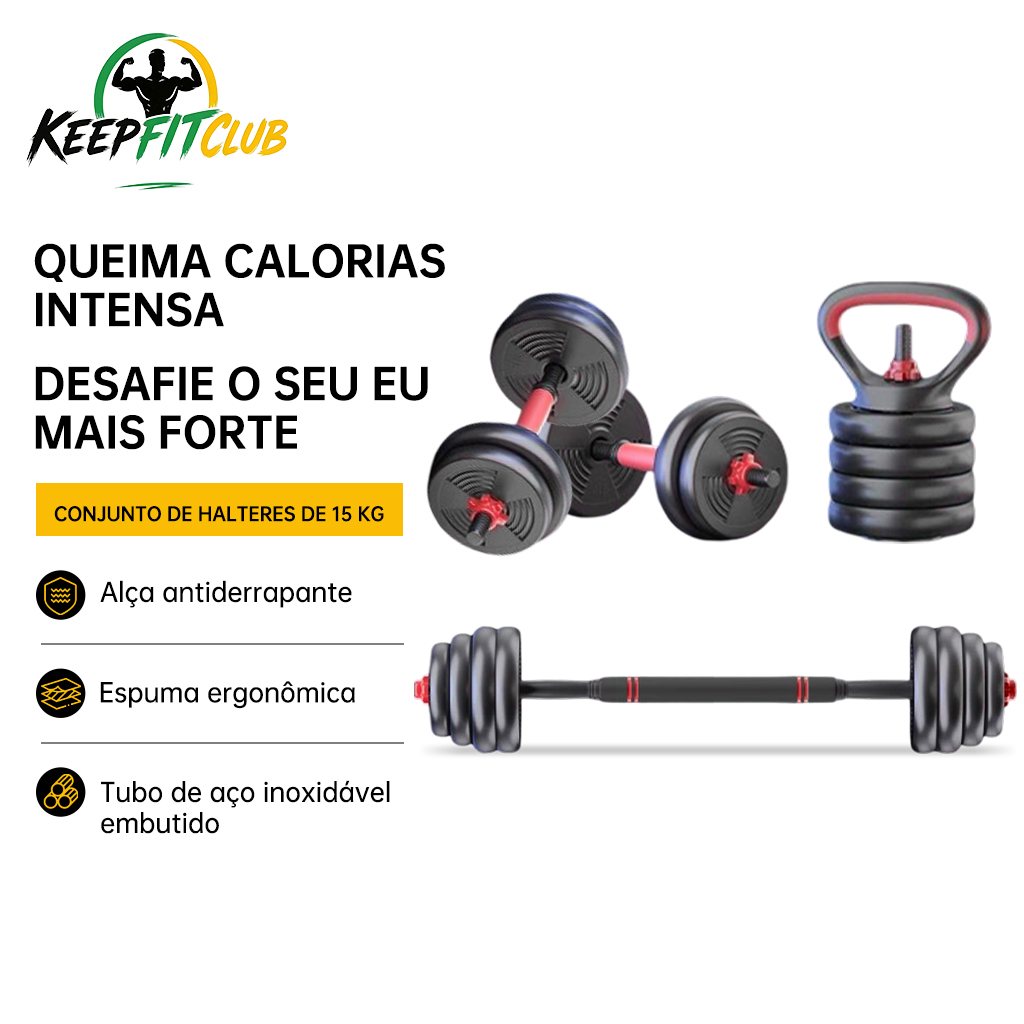 Kit 15kg - Halteres, Anilhas, Barras e kettlebell Ajustáveis - Treino em Casa Musculação