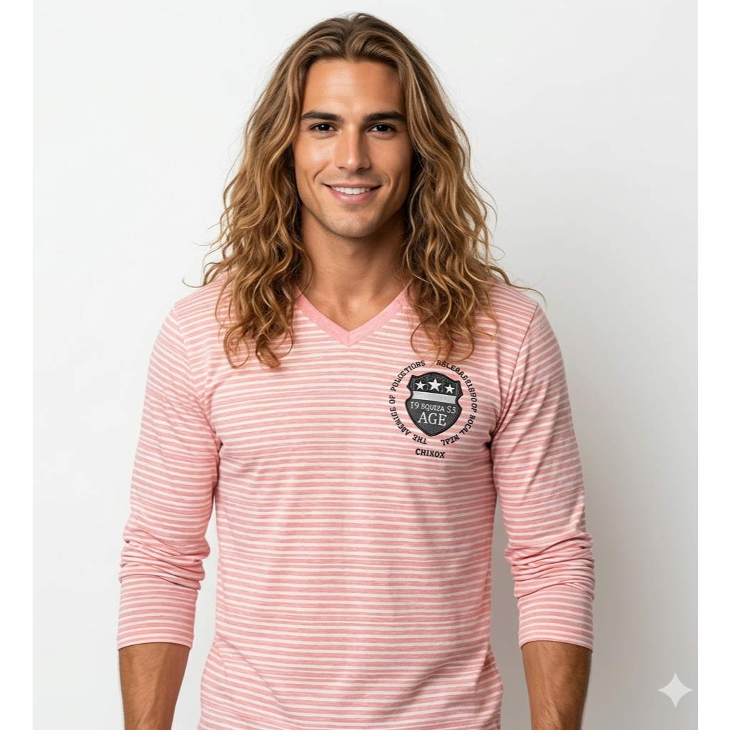 Camiseta Slim Fit Gola V Listrado Bordado Frente e Costas Manga Longa Manga Comprida Onbox