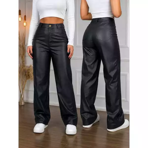 Calça Feminina Wide Leg Cintura Alta Pantalona Couro Premium Preta Modela Corpo