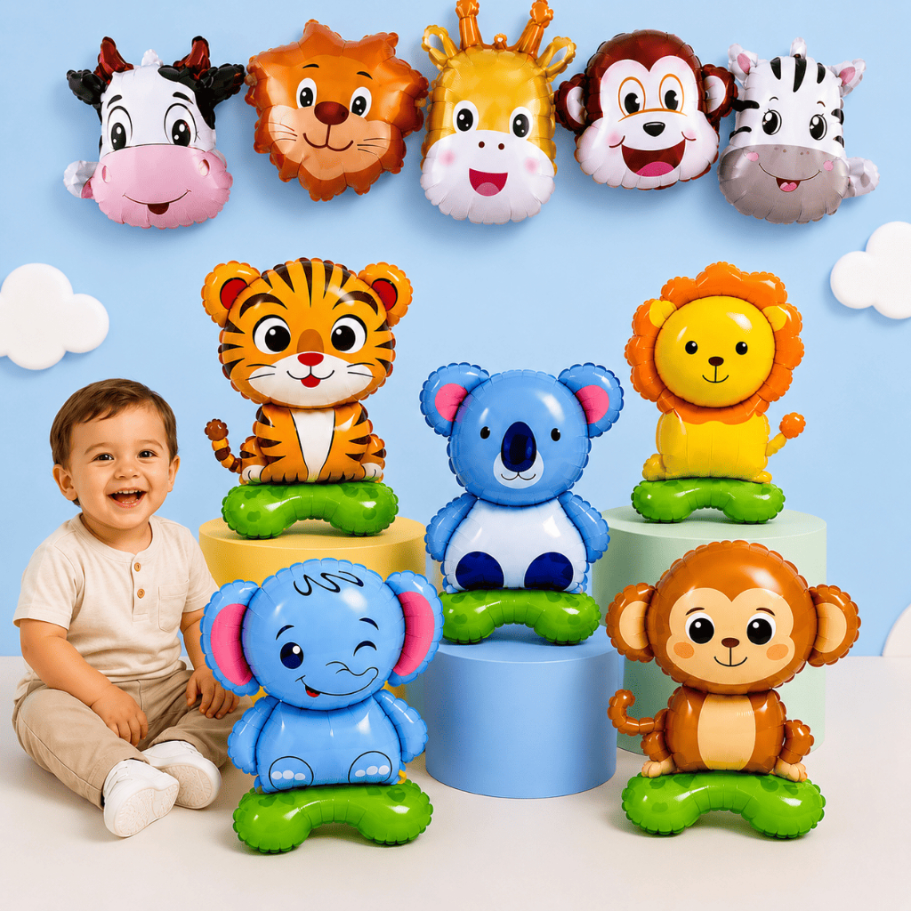 Kit Completo Festa Safari Infantil com Balões Animais Metalizados + Faixa de Balão Decorativa Animal