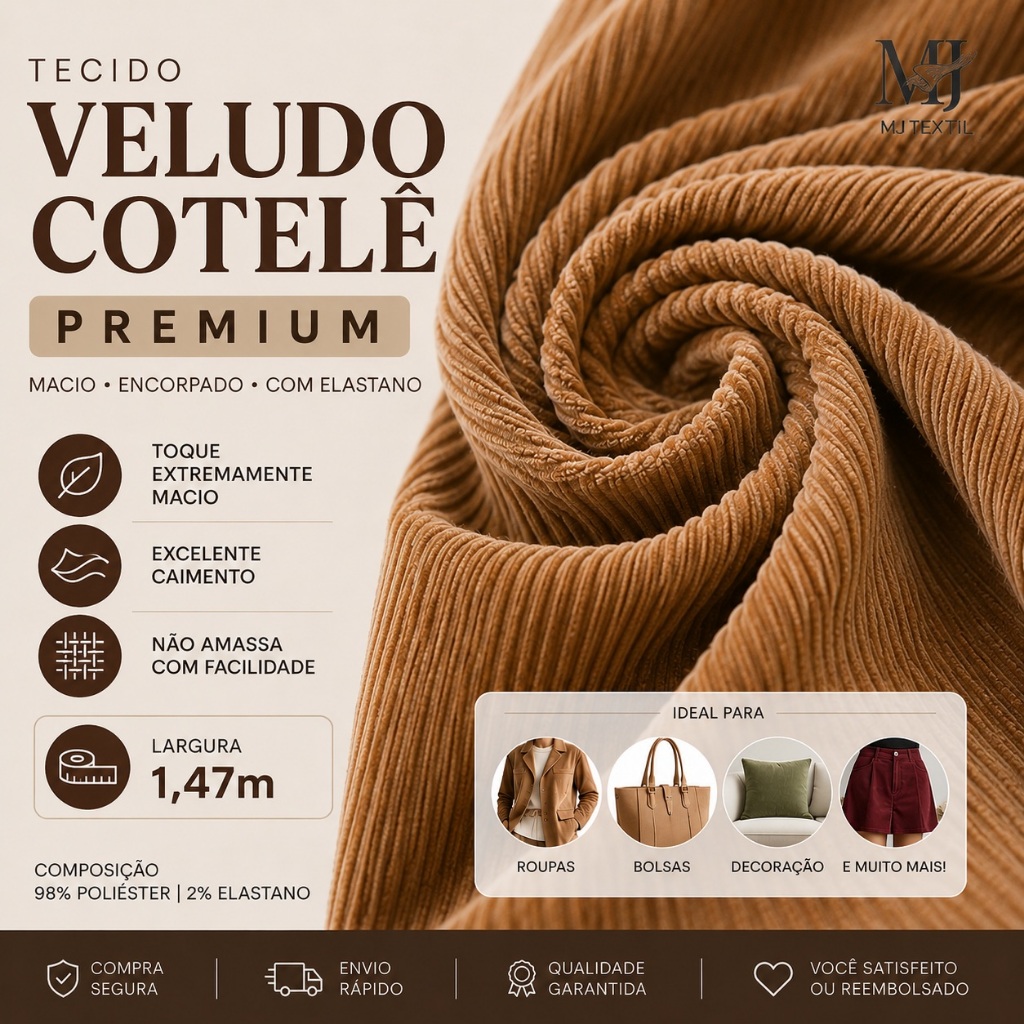 Tecido Veludo Cotelê Premium - Grosso Macio e Com Elastano -1,47m Largura