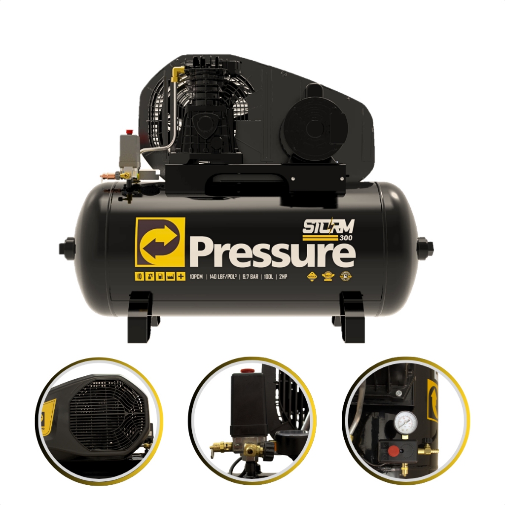 Compressor Ar Trifásico 140 Psi 10 Pés 100L Storm 300 Motor Weg 2Hp Profissional Elétrico Horizontal