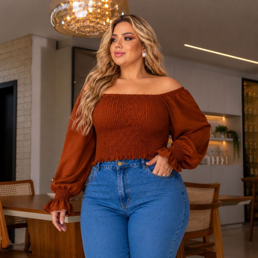 Blusa cropped feminino plus size com manga longa moderna casual estilosa tendencia blogueira chique