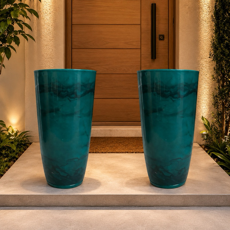 KIT COM 2 VASOS DECORATIVOS GRANDES 68CM POLIETILENO MARMORIZADO JARDIM VARANDA SALA