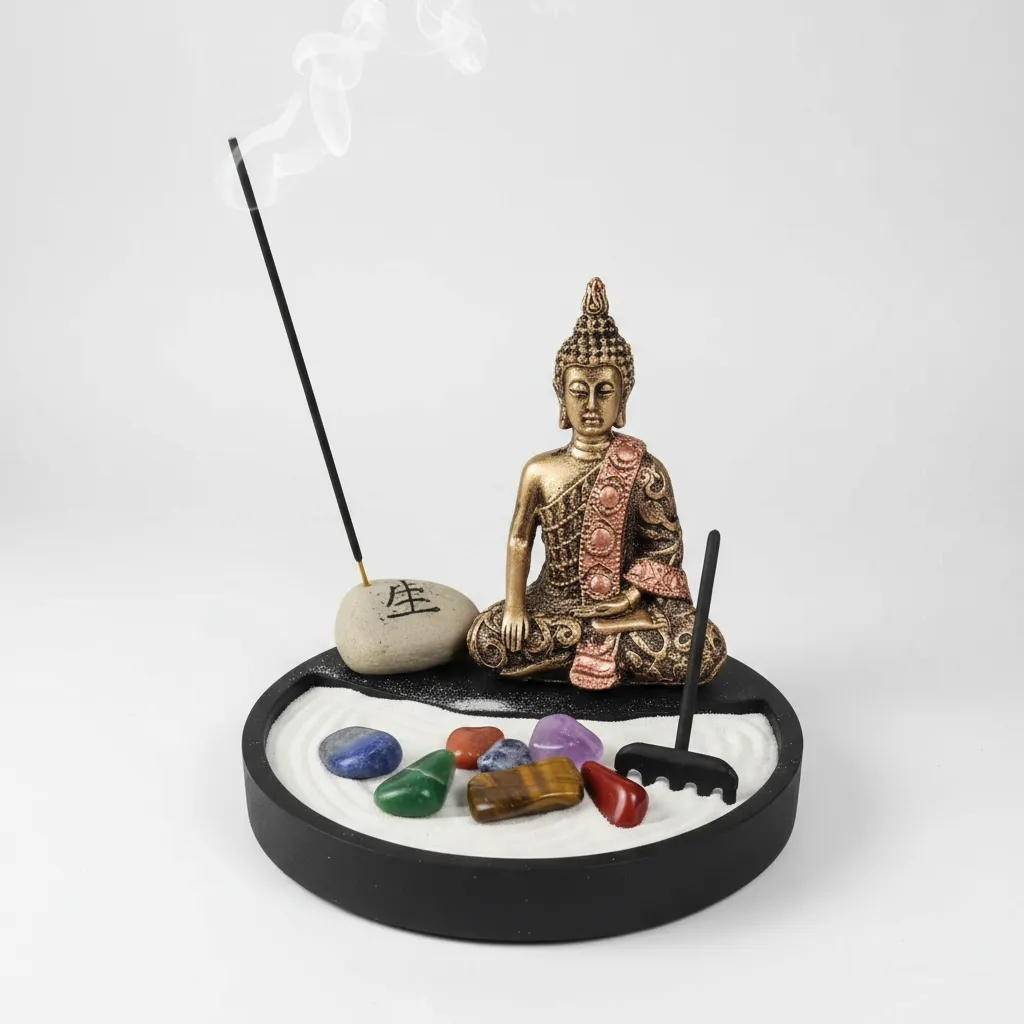 Jardim Zen Redondo Kit com Incensário Pedra Japonesa Pedra 7 chakras e Buda Hindu Tibetano.