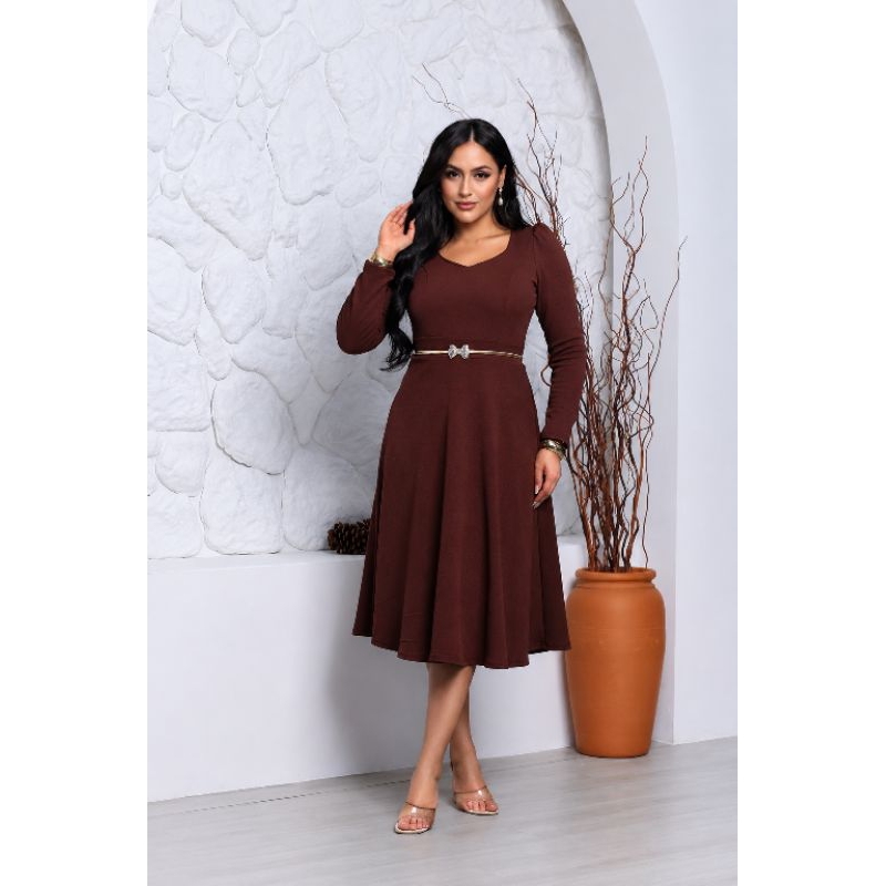 Vestido Midi Evasê Manga Princesa Moda Evangélica Elegante com Cintura Marcada para Inverno