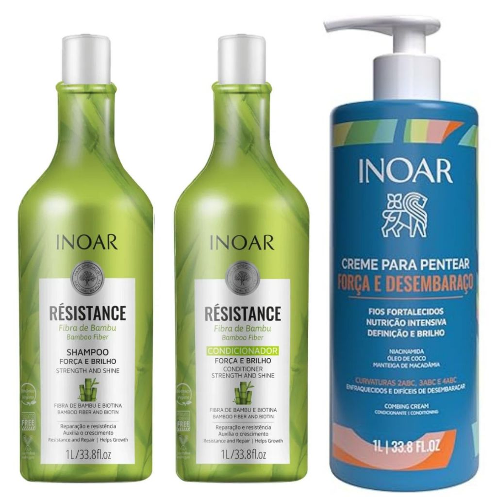 INOAR KIT FIBRA DE BAMBU SH+COND 2X1L +CREME PARA PENTEAR FORÇA E DESEMBARAÇO 1L