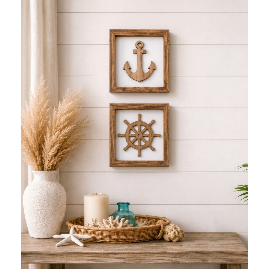 Kit 2 Quadros Náutico Relevo Madeira Âncora Leme Decoração Rústica Praia Sala Maritimo