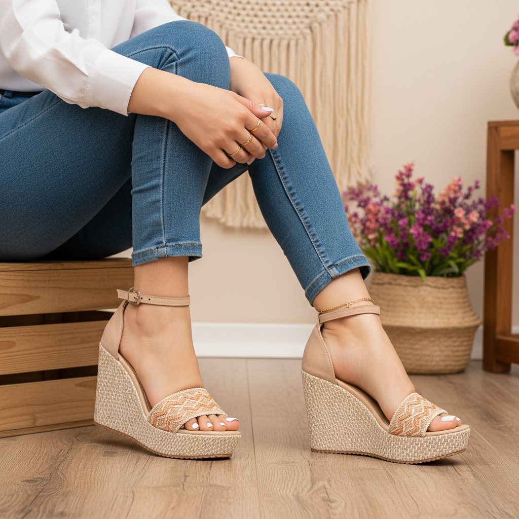 Sandália Anabela Feminina Plataforma Confortável Elegante com Detalhe Trançado Moderno 1003