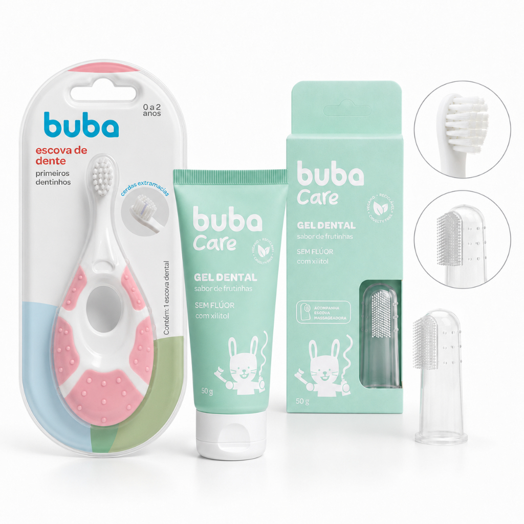 KIT ESCOVA DE DENTE PRIMEIROS DENTINHOS ROSA E GEL DENTAL SEM FLUOR BUBA CARE ESCOVA MASSAGEADORA