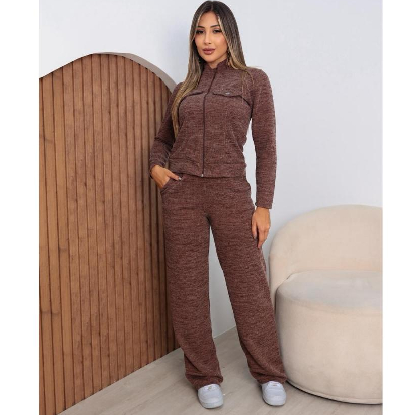Conjunto Frio Feminino Malha Rib Premium Calça Pantalona e Blusa