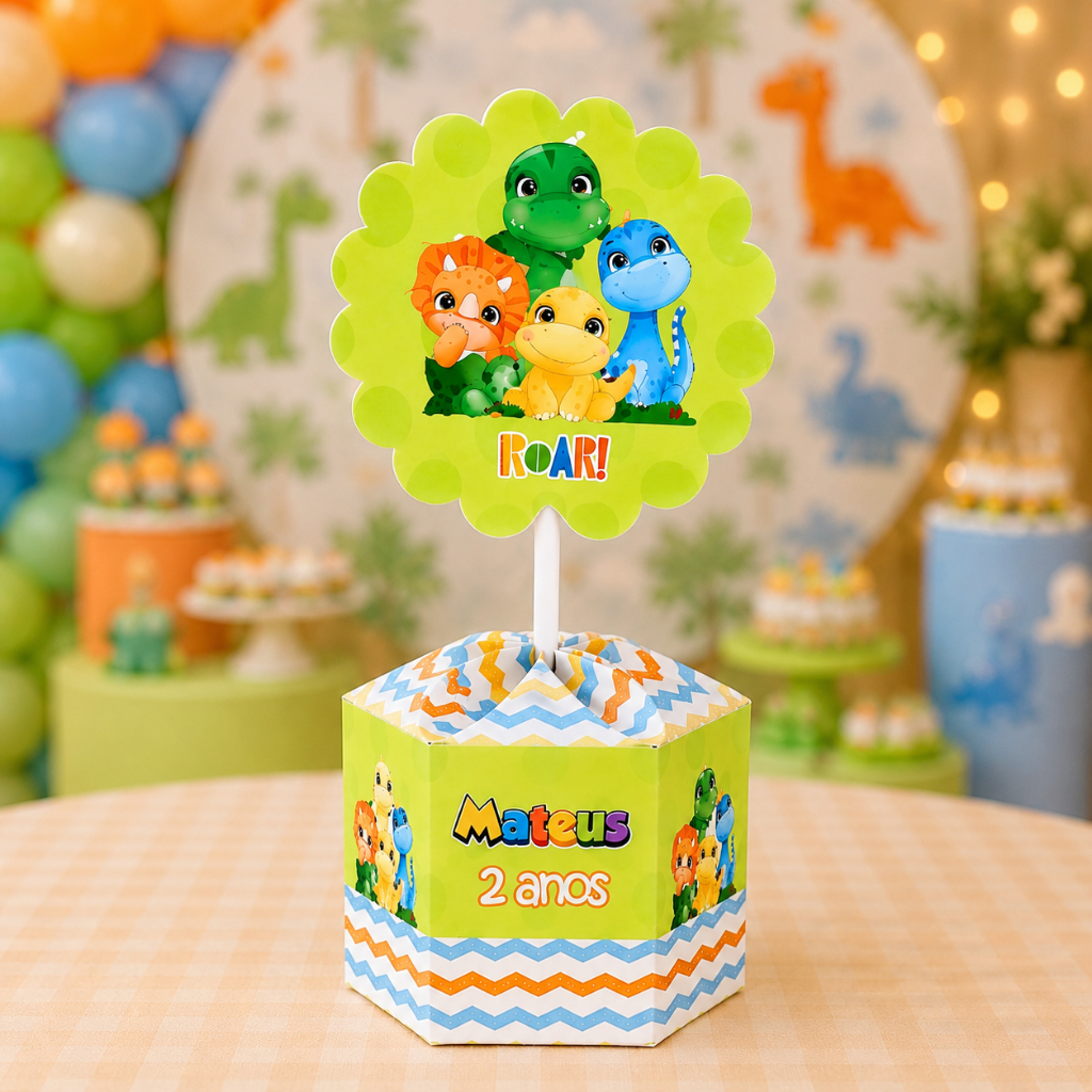 Centro de Mesa Dino Baby Caixa Sextavada Personalizada Lembrancinha Festa Infantil