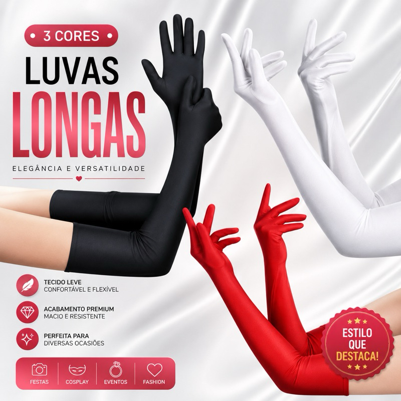 Luva Lycra Extra Longa ou Curta Festa Cosplay Casamento Debutante