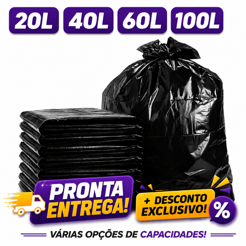 Saco de Lixo Preto Resistente 20L/40L/60L/100L Atacado 100 e 50 unidades Direto da Fábrica