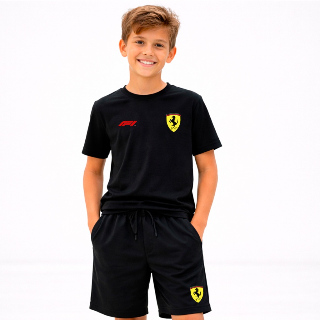 Kit Infantil 2 Peças Com 1 Camiseta e 1 Short Moletom Carro Ferrari F1 Corrida Infantil Unissex