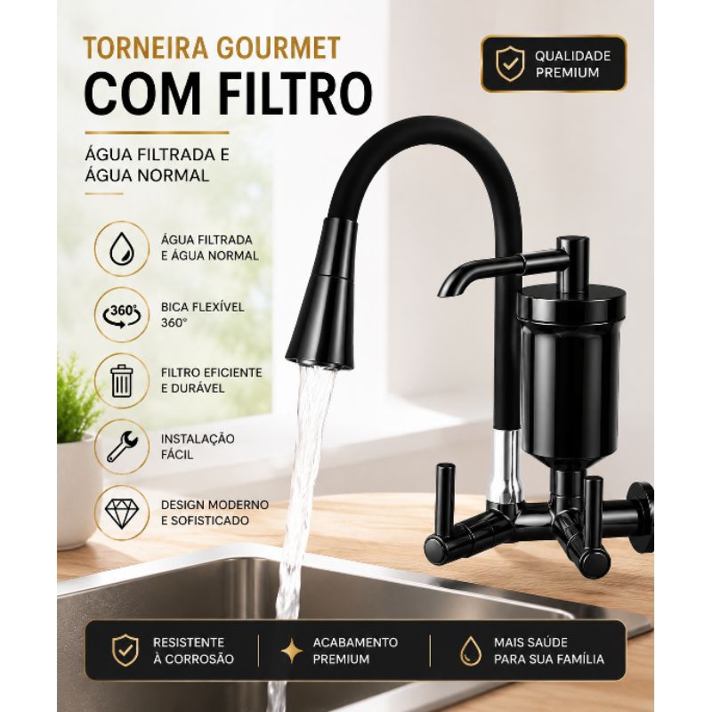Torneira com Filtro Parede Cozinha Gourmet Flexível Abs 1/4 Volta Preta Luxo