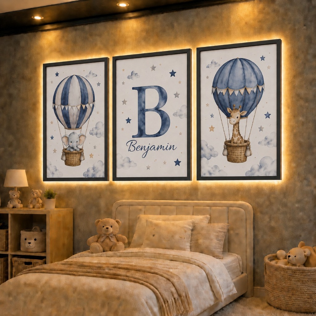 Trio de Quadros Decorativos Safári Baby Balão Azul com Nome Personalizado Benjamin Decoração Luxo Quarto de Bebê Menino
