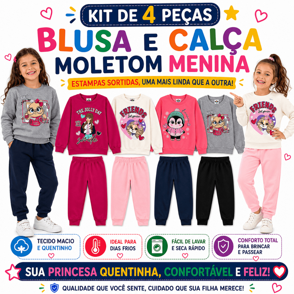 Kit Roupa Infantil Menina 4 Peças em Moletom | Conjunto de Inverno com Blusas e Calças, Quentinho, Macio, Confortável