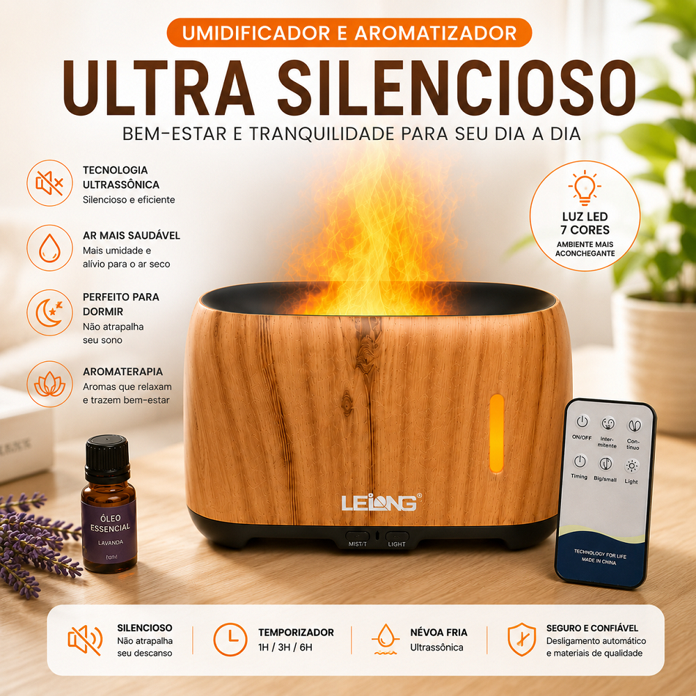 Umidificador Aromatizador Difusor LED Simula Efeito Chamas 240ml Ultrassônico Controle Remoto Silencioso