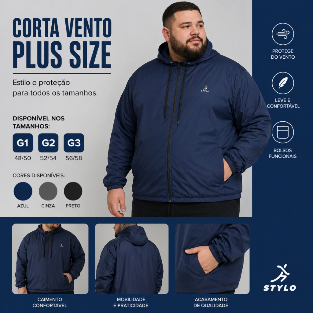 Jaqueta Corta-Vento Plus Size Unissex Forrada Quente Inverno Hidro-repelente G1 G2 G3