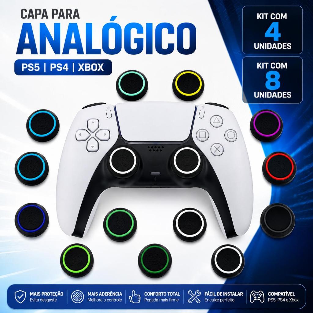 Kit Grip Protetor Capa Analógico PS5 PS4 Xbox Antiderrapante Alta Qualidade 4 ou 8 Unidades
