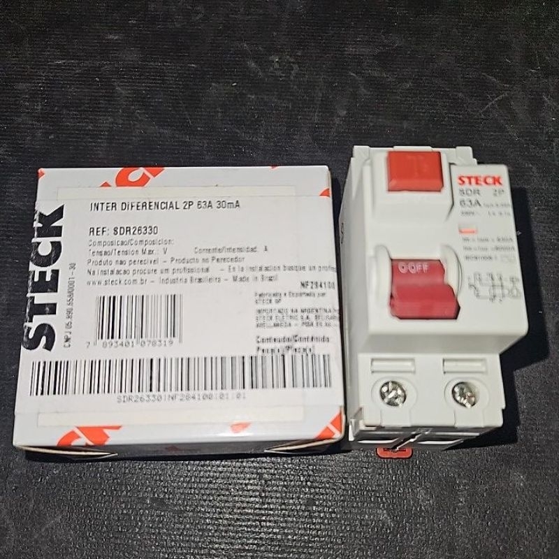 dijuntor(IDR) bipolar de 63A da marca Steck, com sensibilidade de 30mA para proteção contra choques elétricos