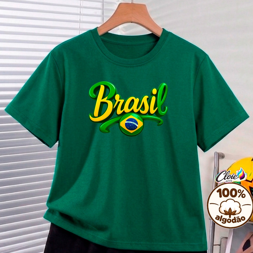 Camiseta Infantil 100% Algodão Bandeira Brasil Amarela Copa Torcida Jogo Bandeira  Hexa Trend Tendencia Blusa