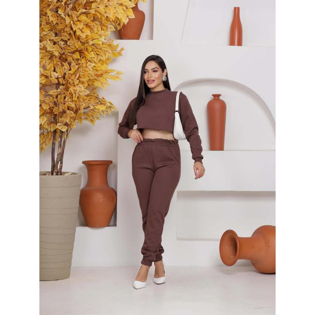Conjunto Moletom Flanelado Feminino Inverno Quentinho Blusa Cropped Calça Jogger Moda Blogueira