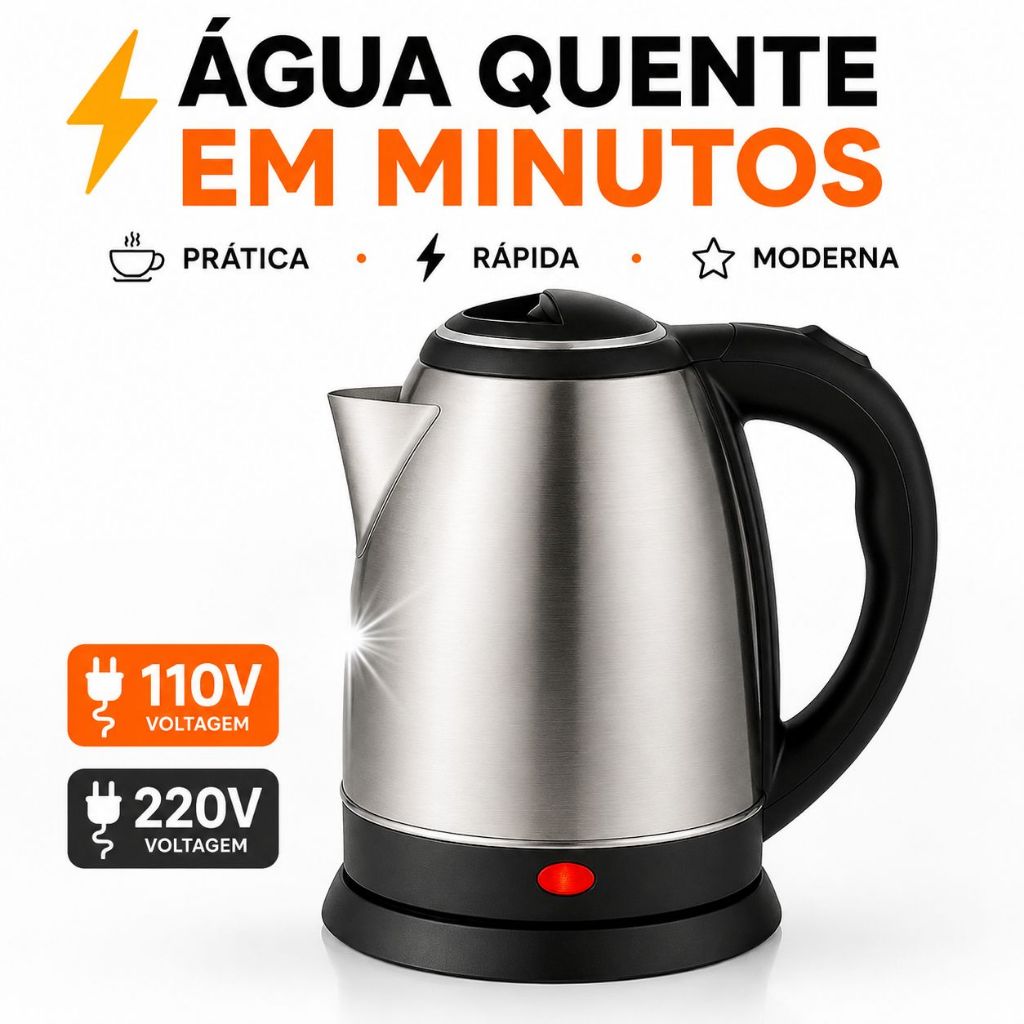 Chaleira Jarra Elétrica Inox Preta Ferve Água em Minutos Café Chá Chimarrão 110v e 220v