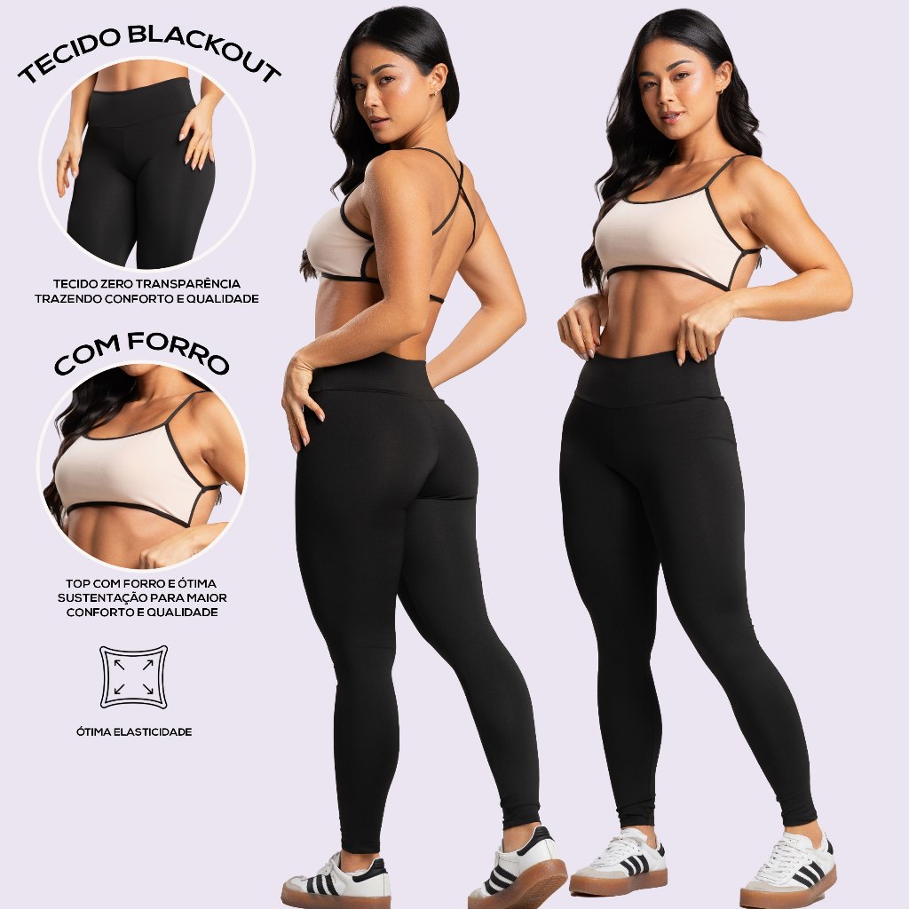 Conjunto Academia Fitness Calça Lengging Blackout Zero Transparência e Top Costa Cruzada Bicolor