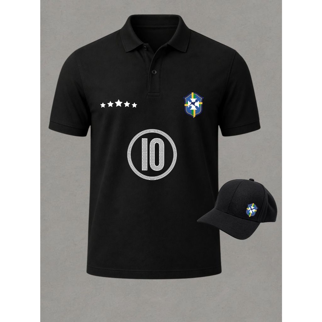 Camiseta Polo + Boné Estampa Brasil Camisa 10 Copa Do Mundo Torcida Hexa Brasileira