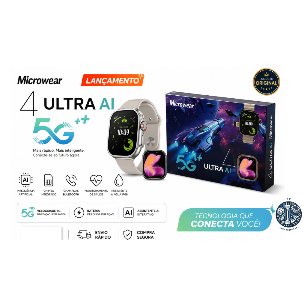 Smartwatch Microwear 4 Ultra AI 5G+ Tela Grande NFC ChatGPT Lançamento 2026