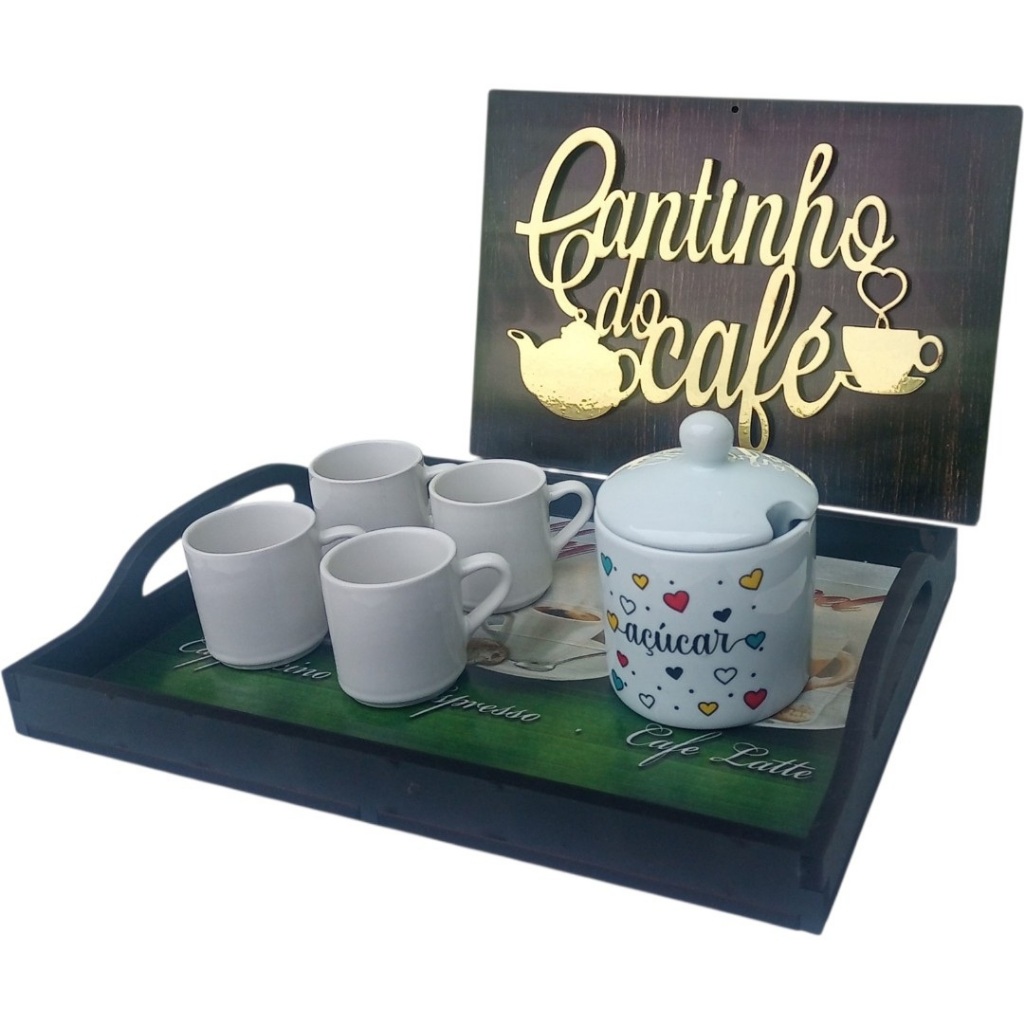 Kit Decoração Cozinha 4 Xícaras Bandeja Açucareiro Placa Cantinho Café Letras Relevo Dourado