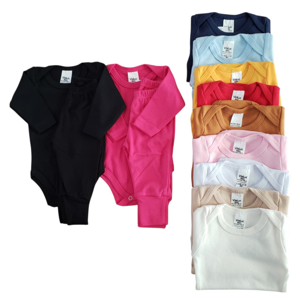 Conjunto 6 peças 3 Body Bebê Manga Longa + 3 Mijão Algodão 100% RN ao G Unissex Confortável Sortidas