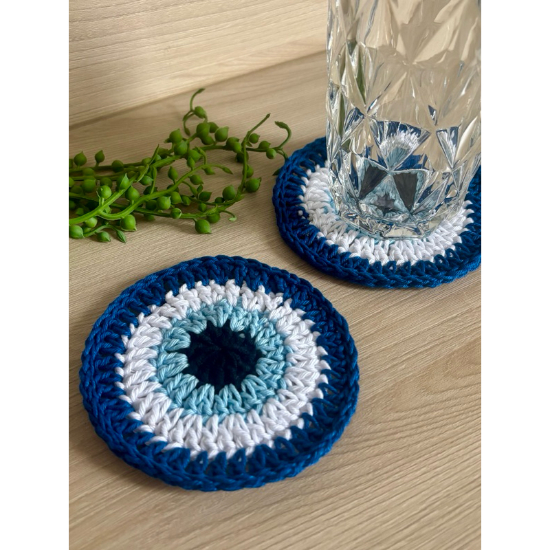 Porta Copo 2 unidades Crochê Olho Grego Azul Kit Proteção Decoração Mesa Posta