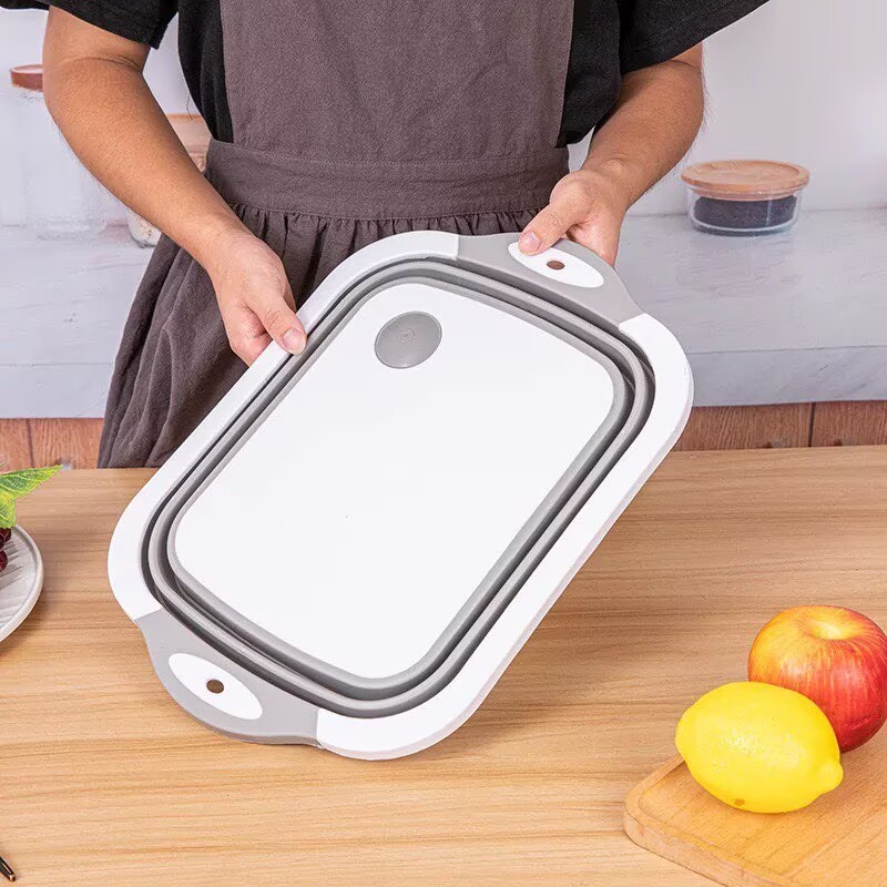 Bacia Dobrável 3 em 1 para Cozinha, Retrátil com Tábua e Escorredor