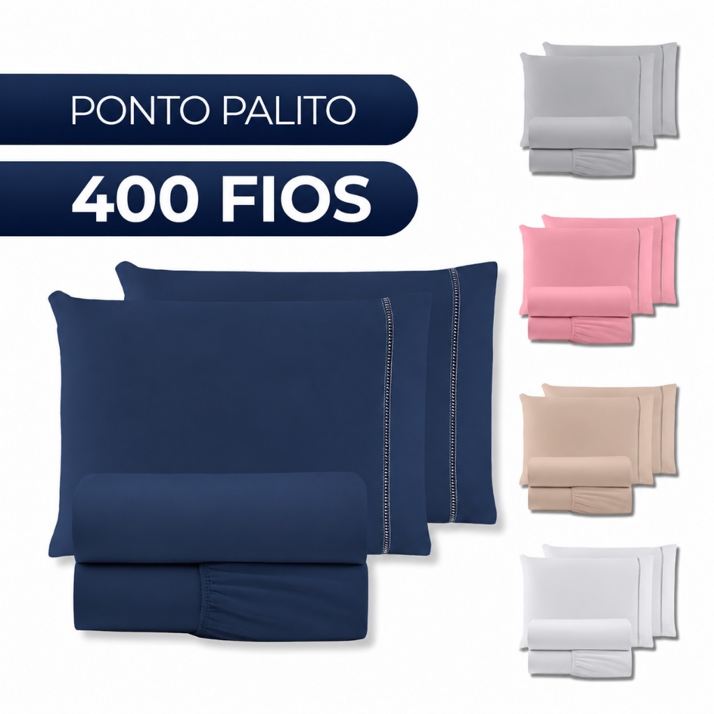Jogo de Lençol Casal 4 Peças 400 Fios Ponto Palito Cama Box – SOLTEIRO – QUEEN