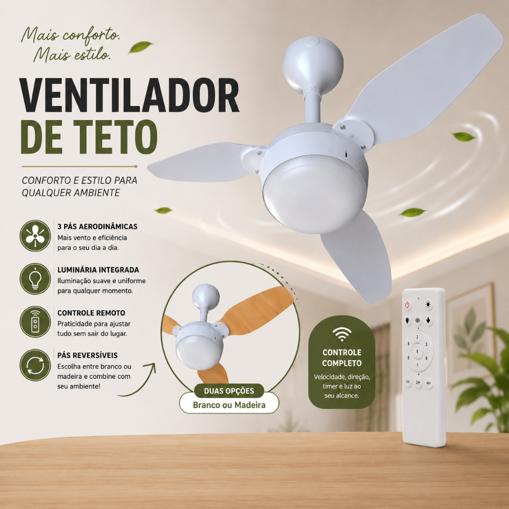 Ventilador de Teto Silencioso Controle Ventilador de Teto Legacy Ventisol 3 Pás Dupla Face Preto