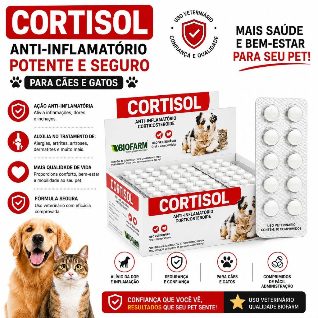Cortisol Anti-Inflamatório Pet Dermatite Para Cães Cachorro e Gato (1 Cartela + Bula)