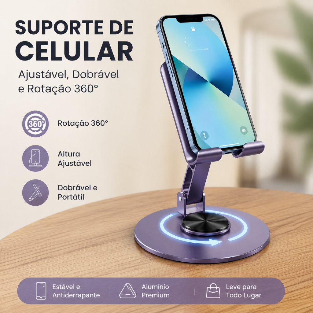 Suporte Alumínio de Mesa Base Rotatória Ajustável 360º Para Smartphones e Tablets C340