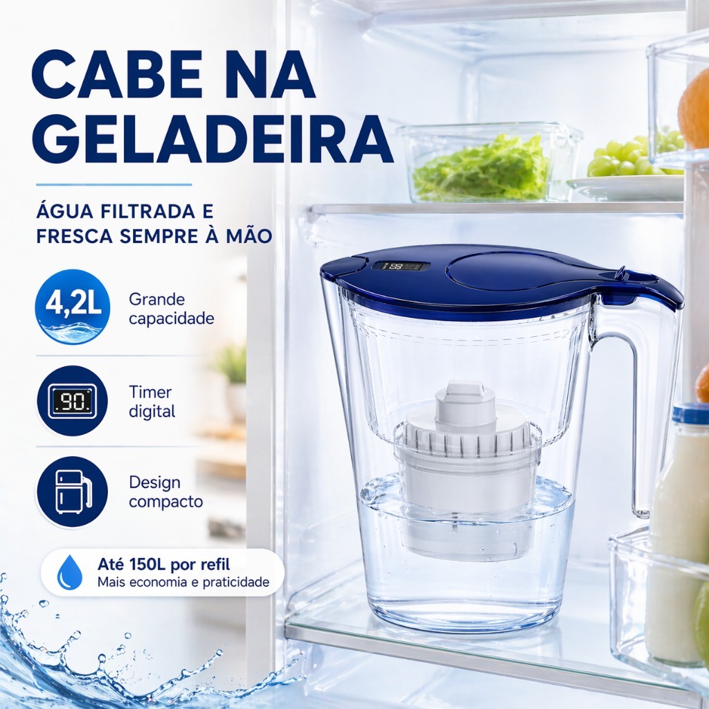 Jarra Purificadora 4,2L Kit com 3 Refis Filtro Reduz Cloro Timer Inteligente Geladeira Água Potável