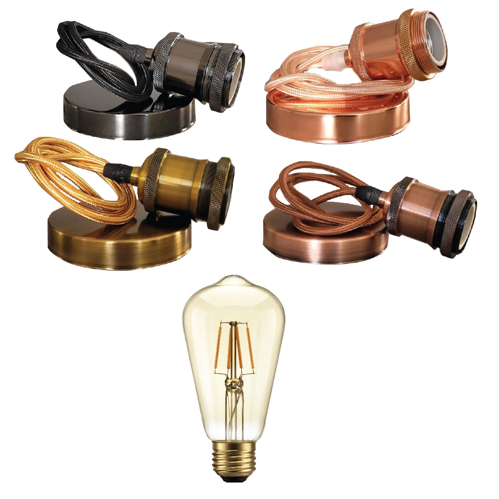 Kit Pendente aluminio Retro Vintage + Lâmpada Filamento led 4w St64 Soquete E27