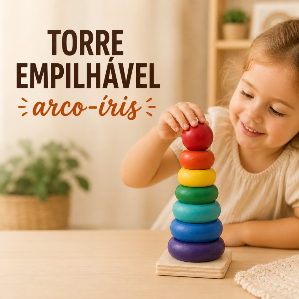 Torre Empilhável Arco Íris Madeira Brinquedo Educativo Coordenação Motora Montessori Infantil