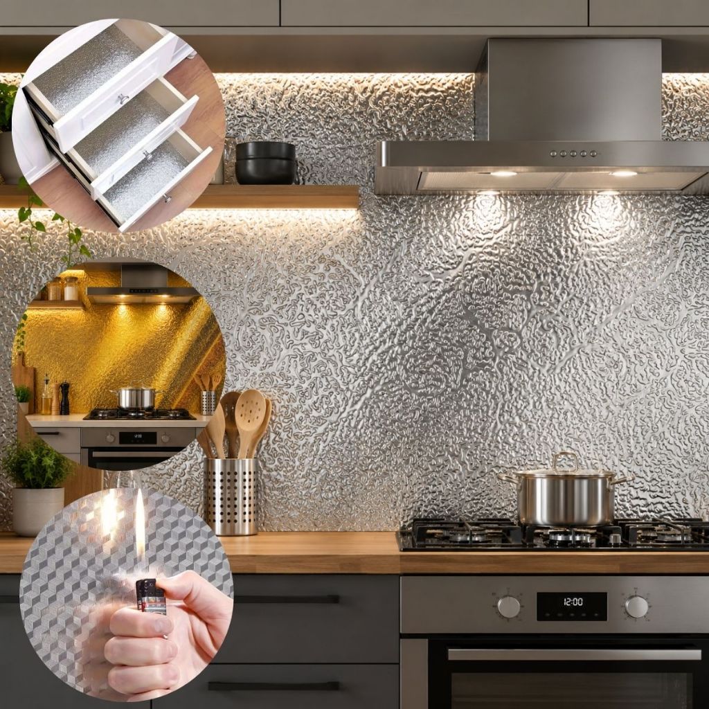 Papel Adesivo Alumínio Impermeável Anti-Óleo Cozinha Protetor de Armario Decoração Proteção Fogão 5M