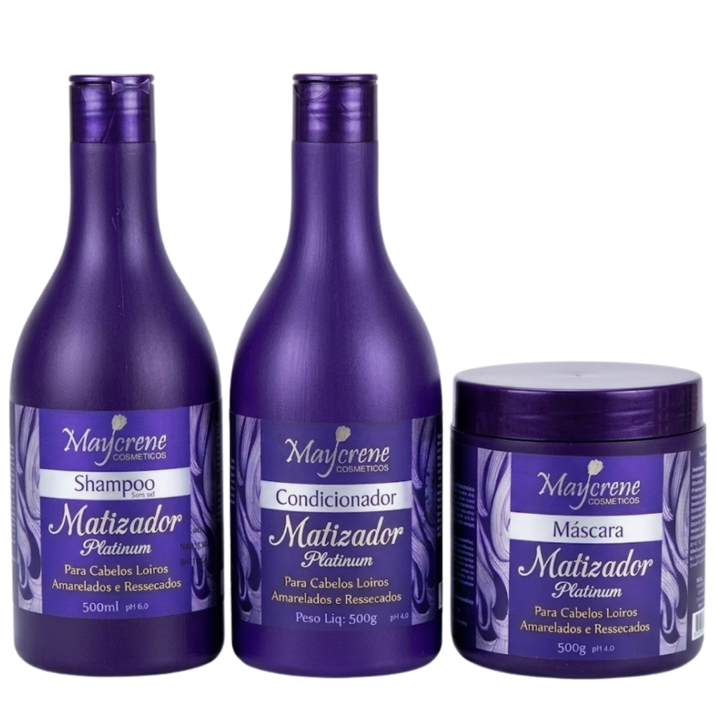 Kit Trio Matizador Maycrene Platinum Para Cabelos Loiros, Amarelados E Ressecados Efeito Platinado Em 3 Passos 3x500 ml