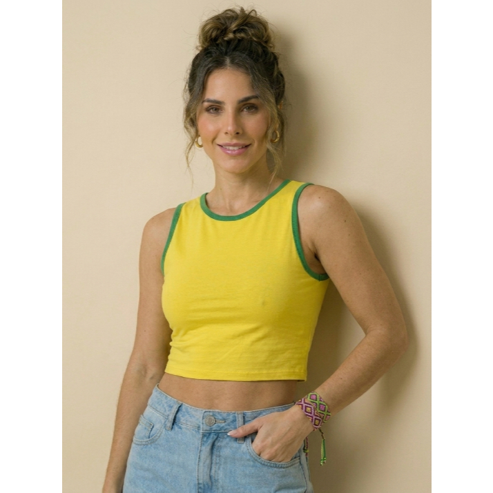 Blusa Feminina Cropped Regata Cavada Alça Larga Gola Redonda Basica Justa Copa do Mundo Cores Brasil Confortavel Casual