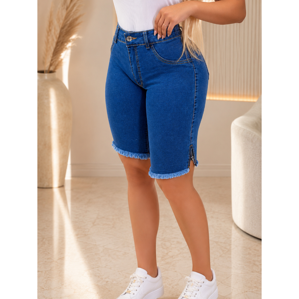 Bermuda Jeans Feminina Cintura Alta Modeladora Stretch Barra Desfiada  Fitness 👑