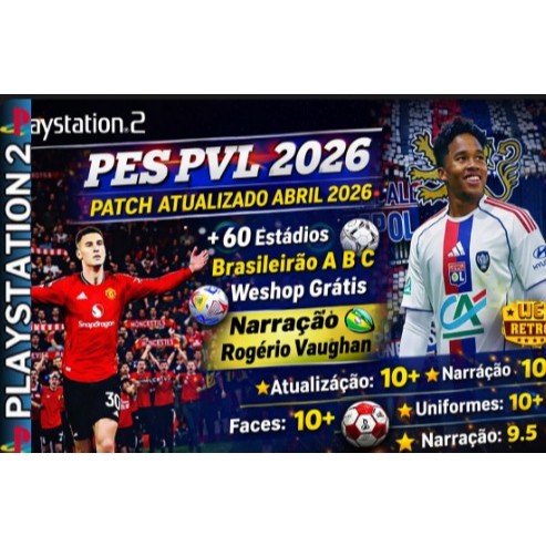 PES PVL 2026 PS2 ABRIL Narração Rogério Vaughan Brasileirão A B C + 60 Estádios ps2