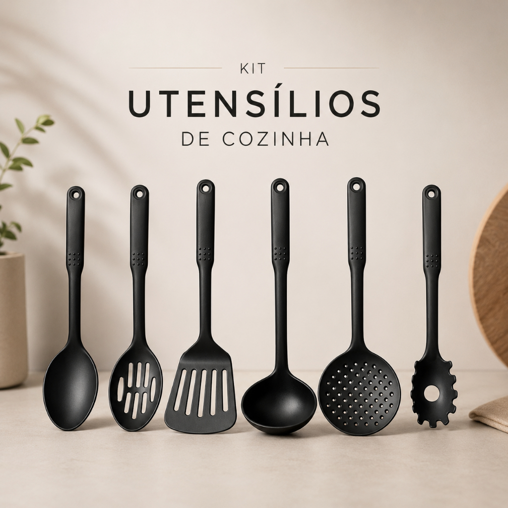 Utensílios de Cozinha em Nylon Kit 6– Concha,Escumadeira,Espátula,Colher e Pegador de Massa Antitérmico"